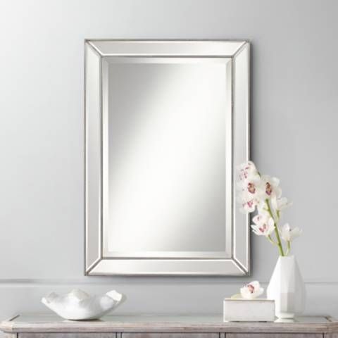 Roseau Silver Pewter 24" x 34" Beaded Wall Mirror - #1W988 | Lamps Plus | Lamps Plus