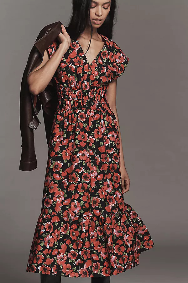 Cap-Sleeve V-Neck Smocked Midi Dress | Anthropologie (US)