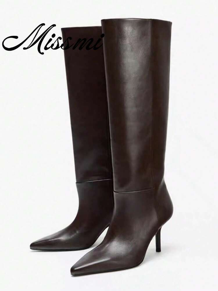 New Pointed Toe High Heel Tall Boots Vintage Style Wide Shaft Knee-High Stiletto Heel Riding Boot... | SHEIN