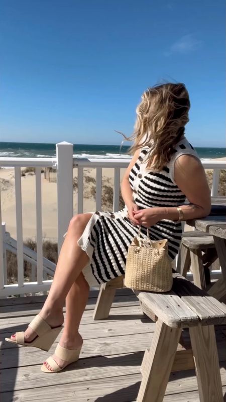 A crochet striped dress, raffia wedge sandals, straw bag, and classic gold jewelry for a beach outfit you’ll love. 

#LTKSeasonal #LTKSpringSale #LTKstyletip
