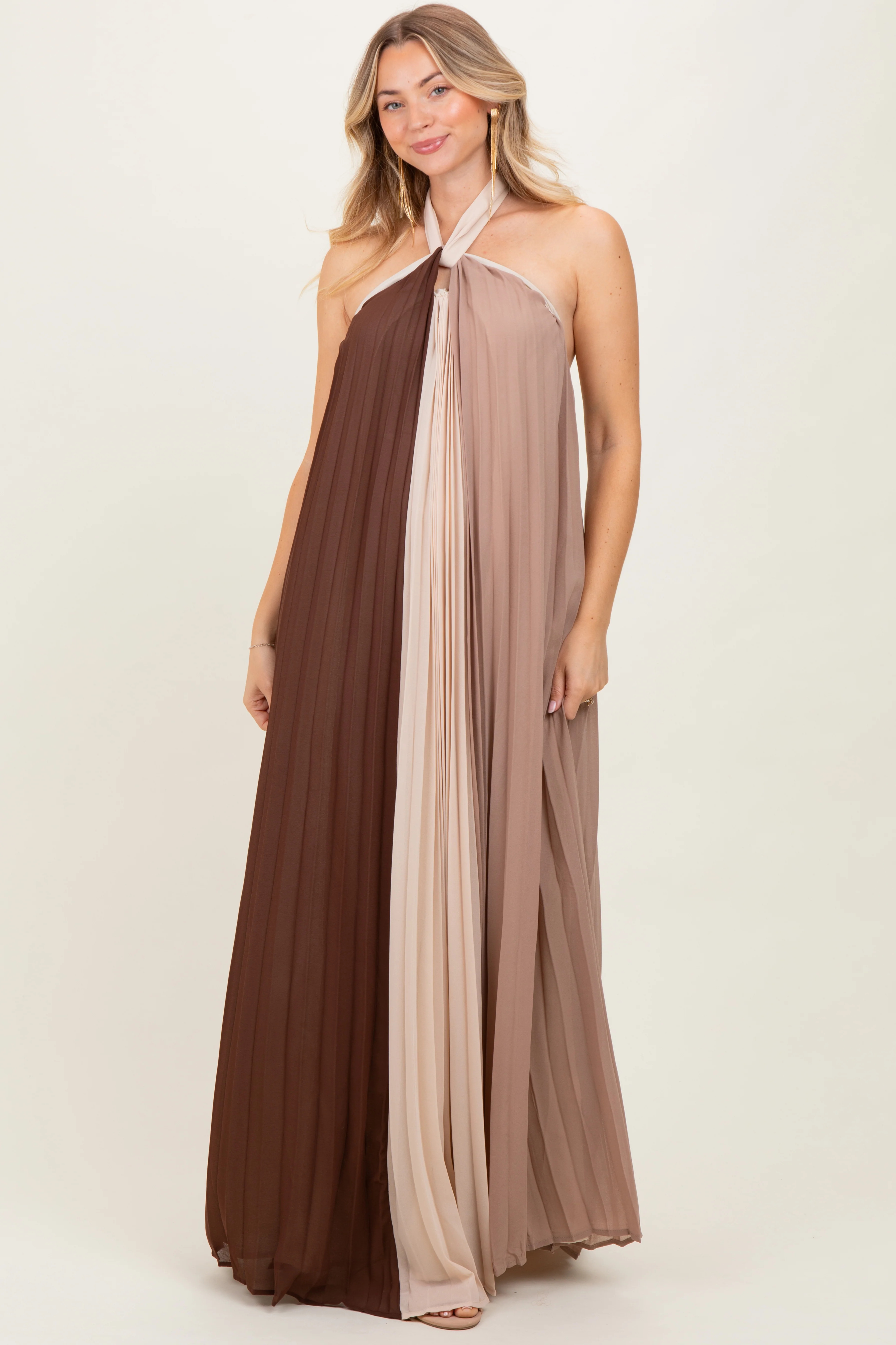 Brown Colorblock Pleated Halter Neck Maxi Dress | PinkBlush Maternity