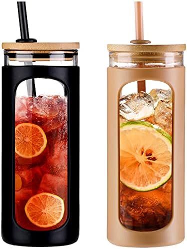 Kodrine 20oz Glass Water Bottle with Straw and Lid,Bamboo Lids Water Tumbler, Iced Coffee Cup Reu... | Amazon (US)