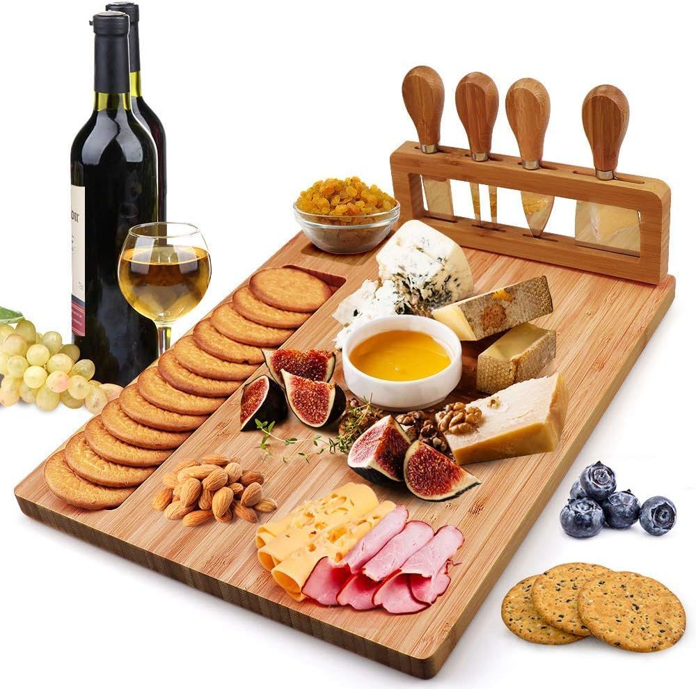 Bamboo Cheese Board Set Charcuterie Platter Serving Meat Board Including 4 Stainless Steel Knife ... | Amazon (UK)