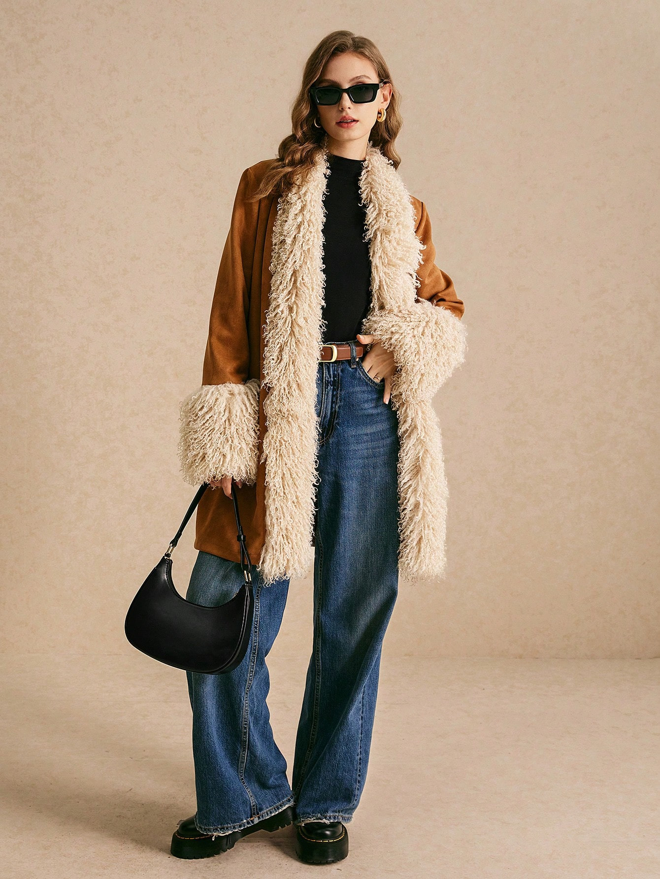 Poéselle Brown Mid-Length Fleece Trim  Coat,Fuzzy Trim Open Front Coat,Fall Women Clothes,Winter... | SHEIN