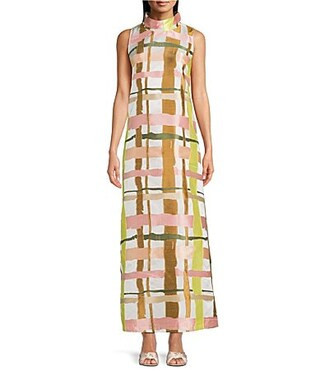 Buru Mod Plaid Print Brocade Mock Neck Sleeveless Shift Maxi Dress - L | Dillard's
