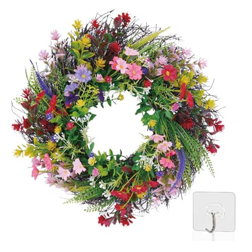 Daisy and Lavender Wildflower Spring and Summer Artificial Spring Wreath Silk Summer for Front Door Home Wall Wedding Festival Farmhouse Holiday Decor (18 inch) | Amazon (US)