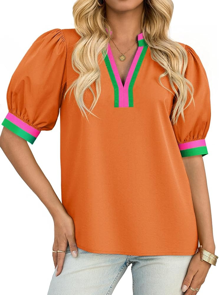 Tankaneo Womens Color Block Puff Sleeve Tops Dressy Casual V Neck Cotton Blouses Summer Loose Fit... | Amazon (US)