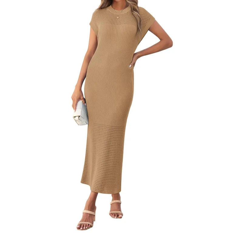 Cap Sleeve Solid Color Women Ribbed Knit Dress Casual Maxi Sweater Dresses | Walmart (US)
