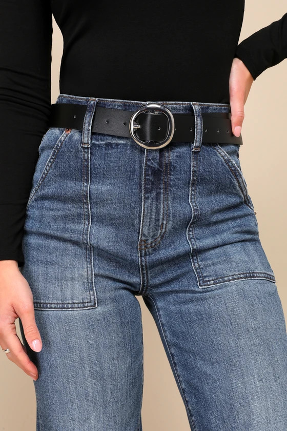 Effortless Detail Black Oversized Circle Buckle Belt | Lulus