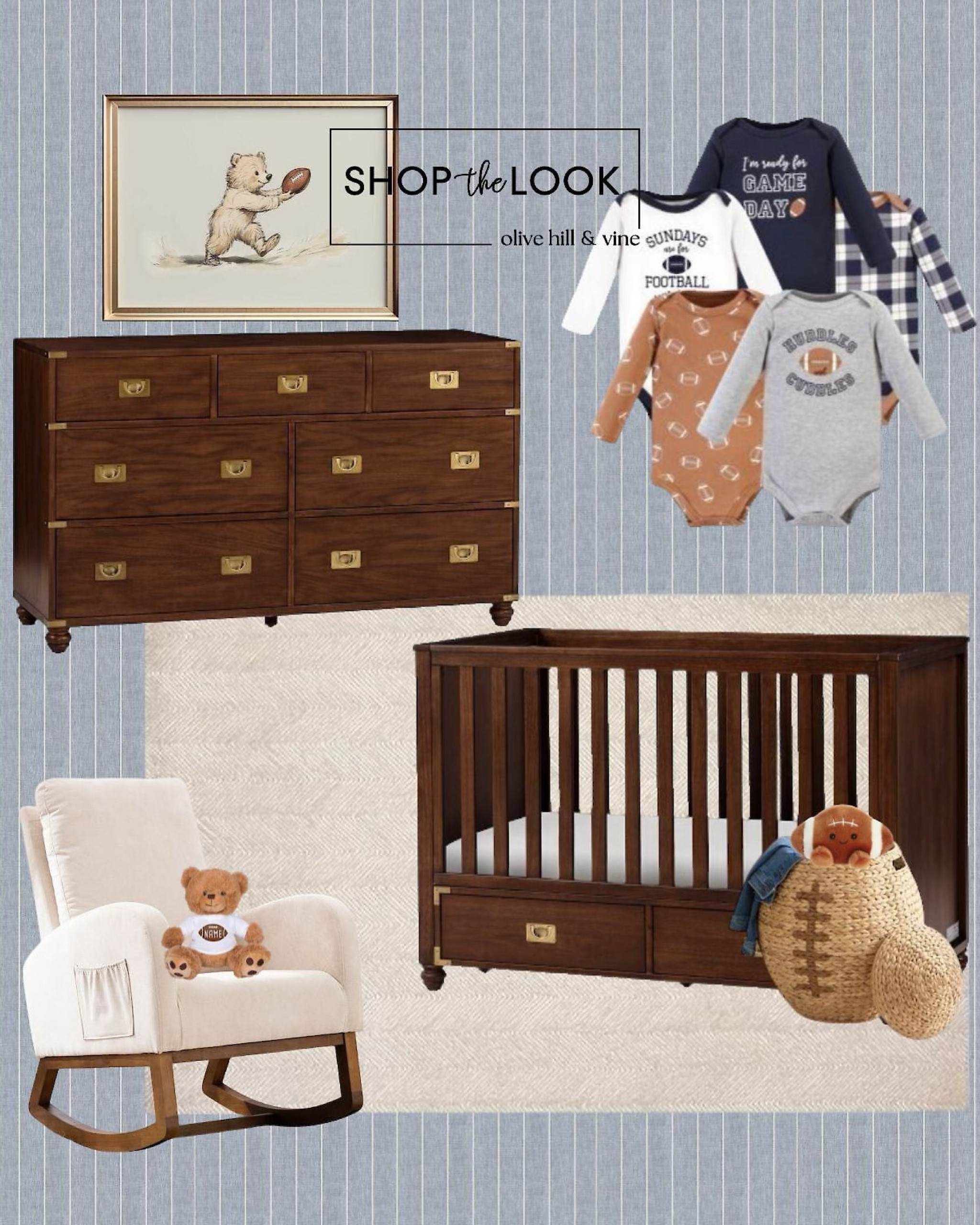 Game day vibes start early in this football-themed boy’s nursery! Bold blue and white striped wallpaper brings texture, while a herringbone rug adds warmth. A convertible crib and 7-drawer dresser with brass details pair with an upholstered rocker, vintage football art, and sporty accents.

#LTKHome #LTKBaby #LTKBump