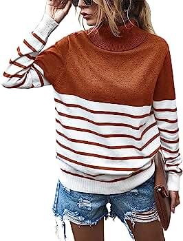 KIRUNDO 2023 Winter Women's Turtleneck Knitted Sweater Long Sleeve Striped Color Block Loose Ribb... | Amazon (US)