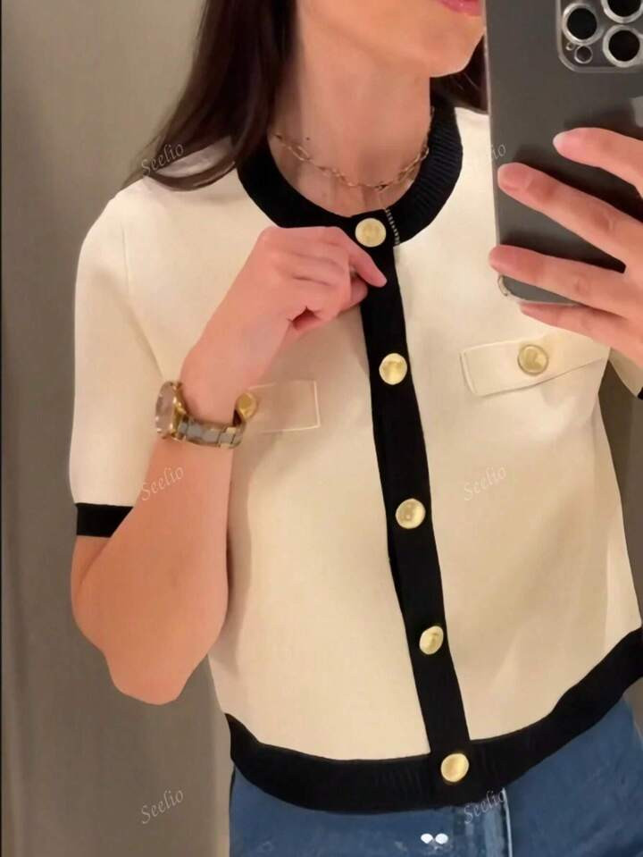 Seelio Women New Short Sleeve Knit Top, French Style Color Blocking Button-Up Round Neck Fitted T... | SHEIN