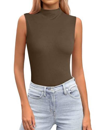 JUSTFASHIONNOW Womens Sleeveless Mock Turtleneck Tank Tops Stretchy Fitted Basic Casual Layer Shirts(Brown Small) | Amazon (US)