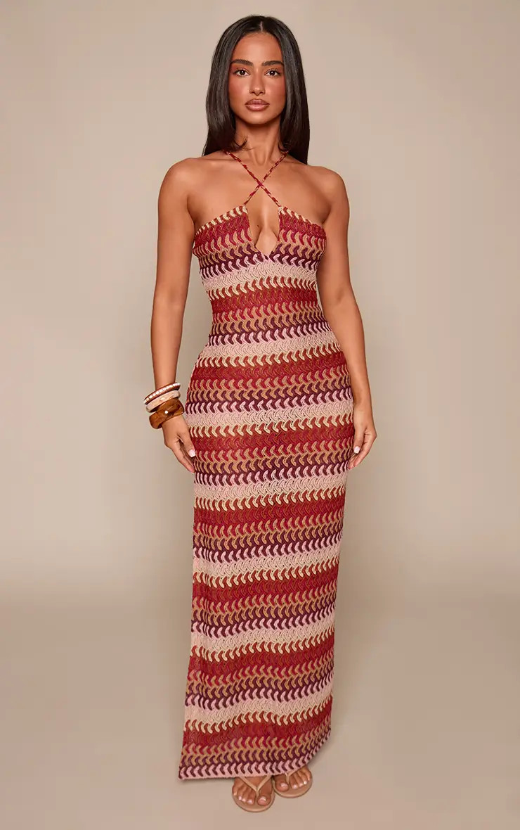 Petite Pink Stripe V Neck Crochet Strappy Maxi Dress | PrettyLittleThing US