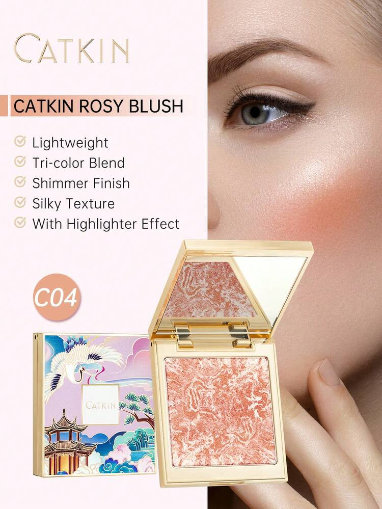 CATKIN CATKIN Powder Blush For Cheek Blusher Natural Shimmering Blush & Highlight 2 In 1 Creamy Blendable Baked Blush Palette C04 Glittering Sunshine | SHEIN
