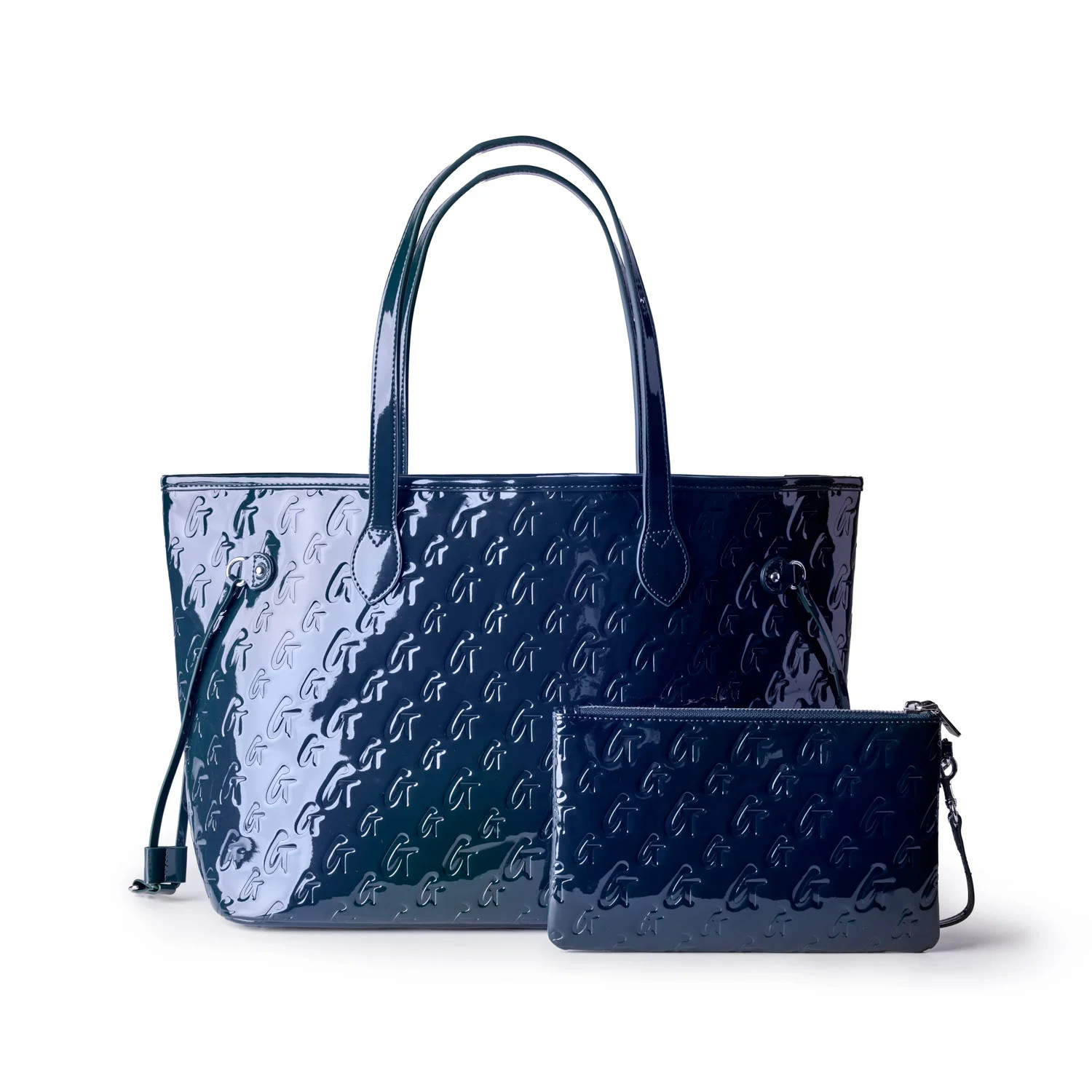 MONOGRAM GLAM TOTE WITH WRISTLET - MIRROR NAVY | Glam-Aholic Lifestyle