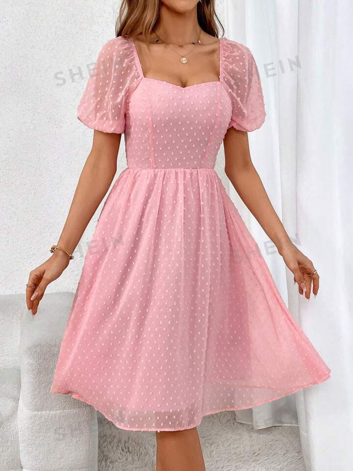 SHEIN Privé Swiss Dot Sweetheart Neck Puff Sleeve Dress | SHEIN