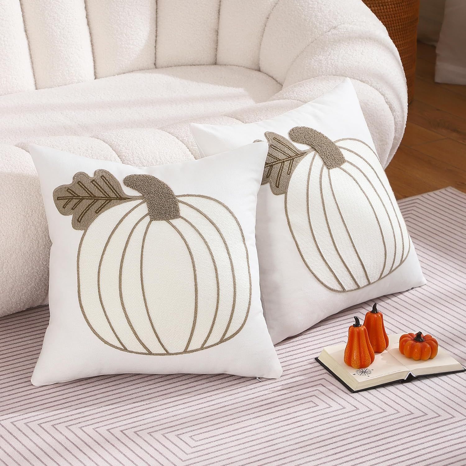 Tosleo Fall Pillow Covers 18X18 Set of 2 White Pumpkin Embroidered Throw Pillow Cases Halloween T... | Amazon (US)