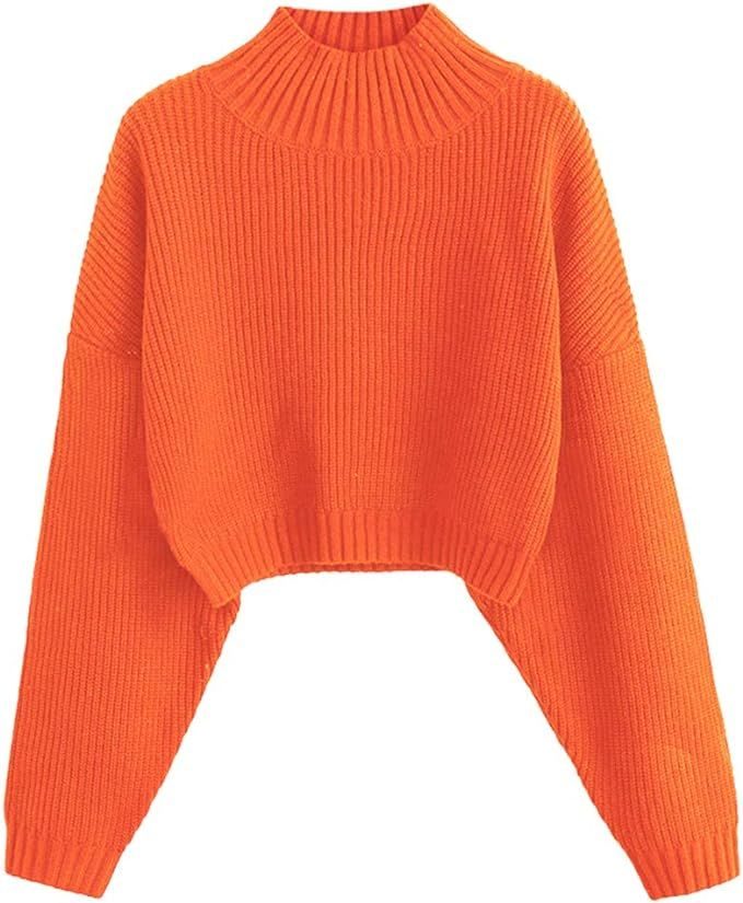ZAFUL Women's High Neck Lantern Sleeve Ribbed Knit Pullover Crop Sweater Jumper | Amazon (US)