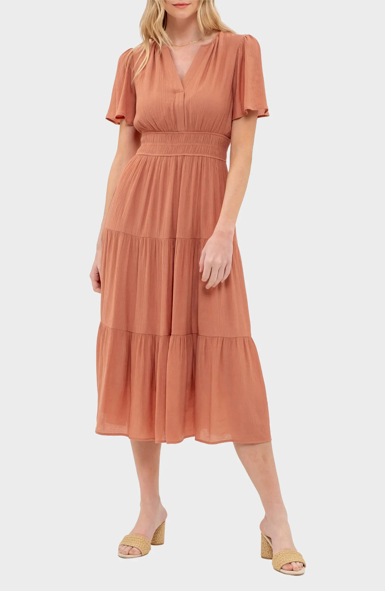 Split Neck Tiered Midi Dress | Nordstrom Rack