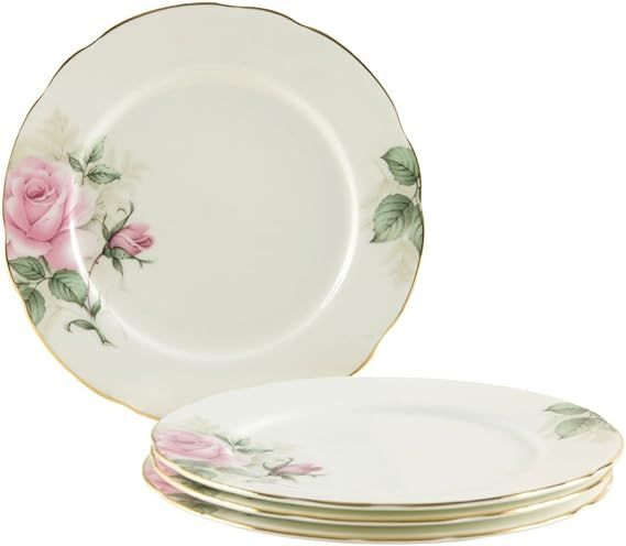 Gracie Bone China 7-1/2-Inch Dessert Plate, Pink Green Rose Bouquet, Set of 4, Gold Trimmed | Amazon (US)