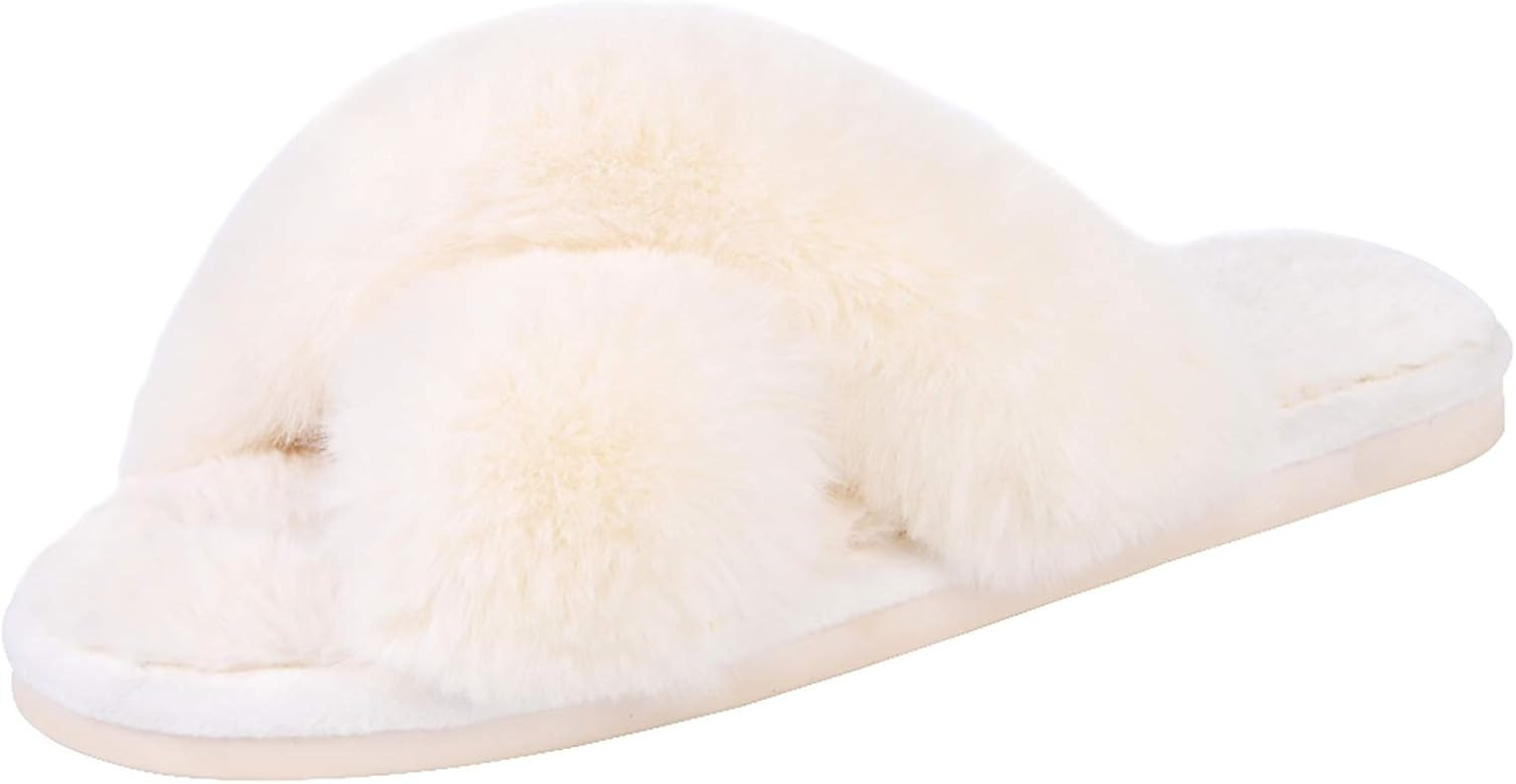 Women's Cross Band Slippers Soft Plush Furry Cozy Open Toe House Shoes Indoor Outdoor Faux Rabbit... | Amazon (US)
