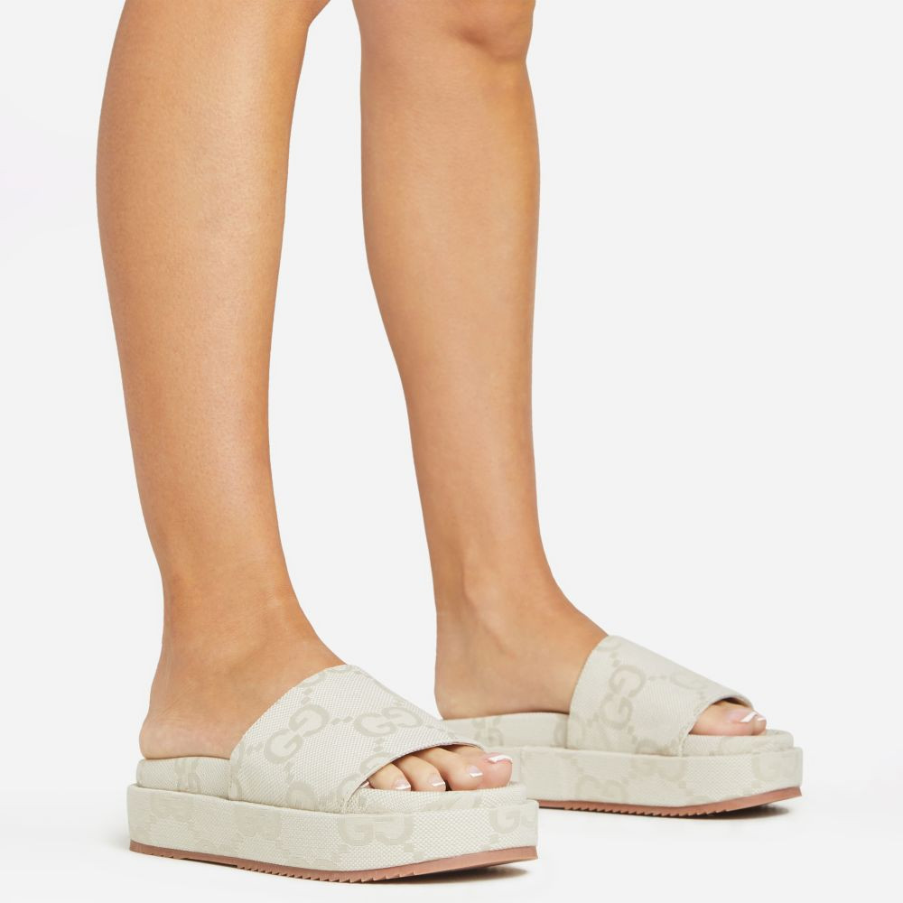 Manic Printed Detail Peep Toe Flatform Slider In Light Grey Fabric | EGO Shoes (US & Canada)