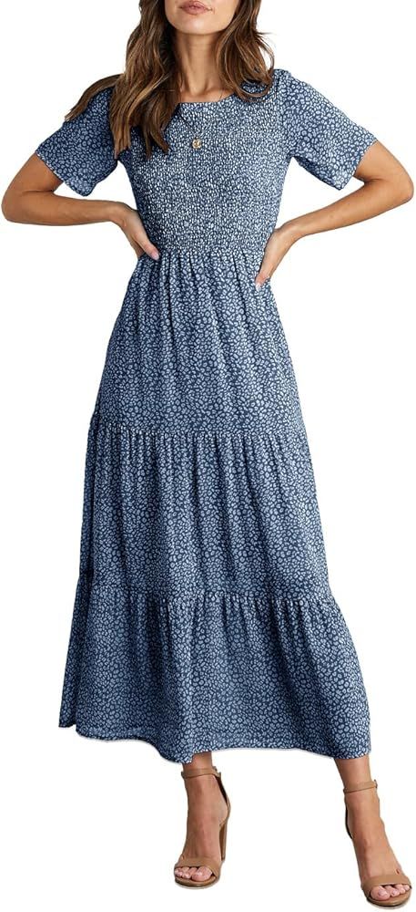 BTFBM Women Casual Short Sleeve Crew Neck Summer Dress Bohemian Floral Printed Flowy Maxi Dresses Ti | Amazon (US)