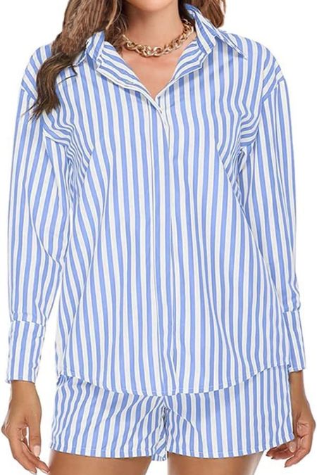Blue stripe 2 piece set for women. Loungewear. Long sleeve collar button shirt. Shirt shorts set. Amazon fashion. Fall fashion. Fall loungewear. Amazon finds 
.
.
.
.
…. #amazonfinds #amazonfashion #ltkunder100

#LTKsalealert #LTKunder50 #LTKstyletip