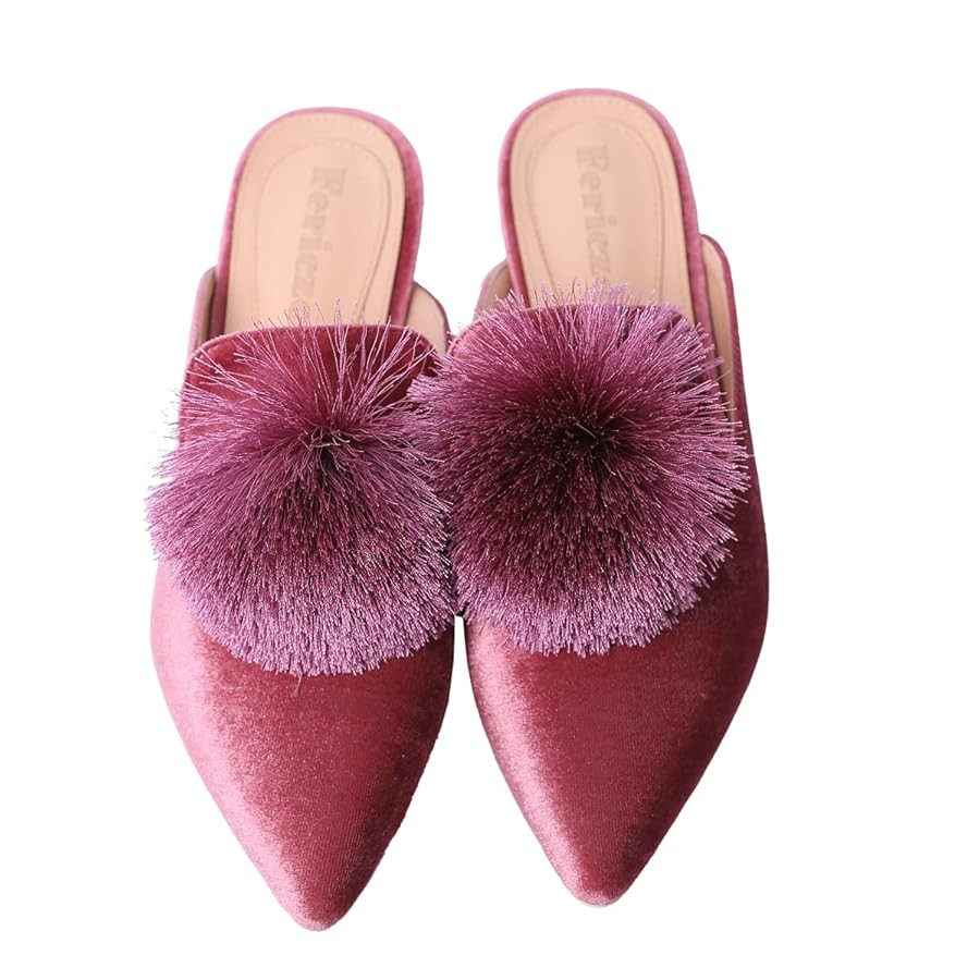 Fericzot Slip On Mule Backless Loafers Flats Puff Pompom Pointed Toe Casual Shoes Slippers | Amazon (US)