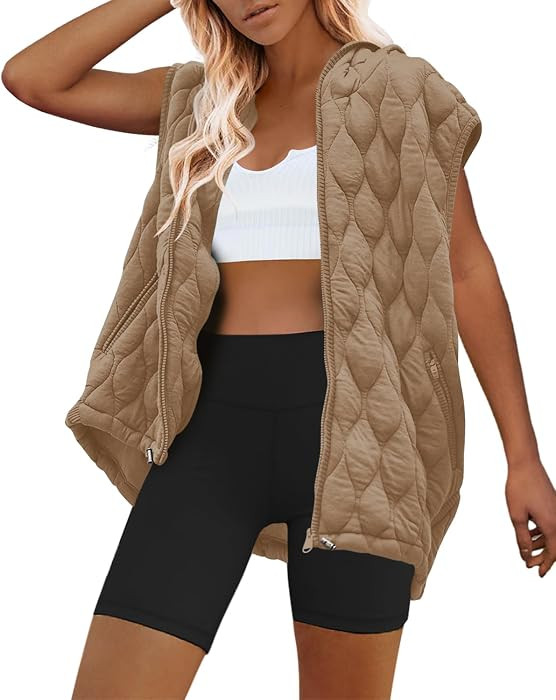 Womens Oversized Puffer Vest Sleeveless Quilted Jacket Zip Up Hooded Puffy Vest Winter Coats with... | Amazon (US)