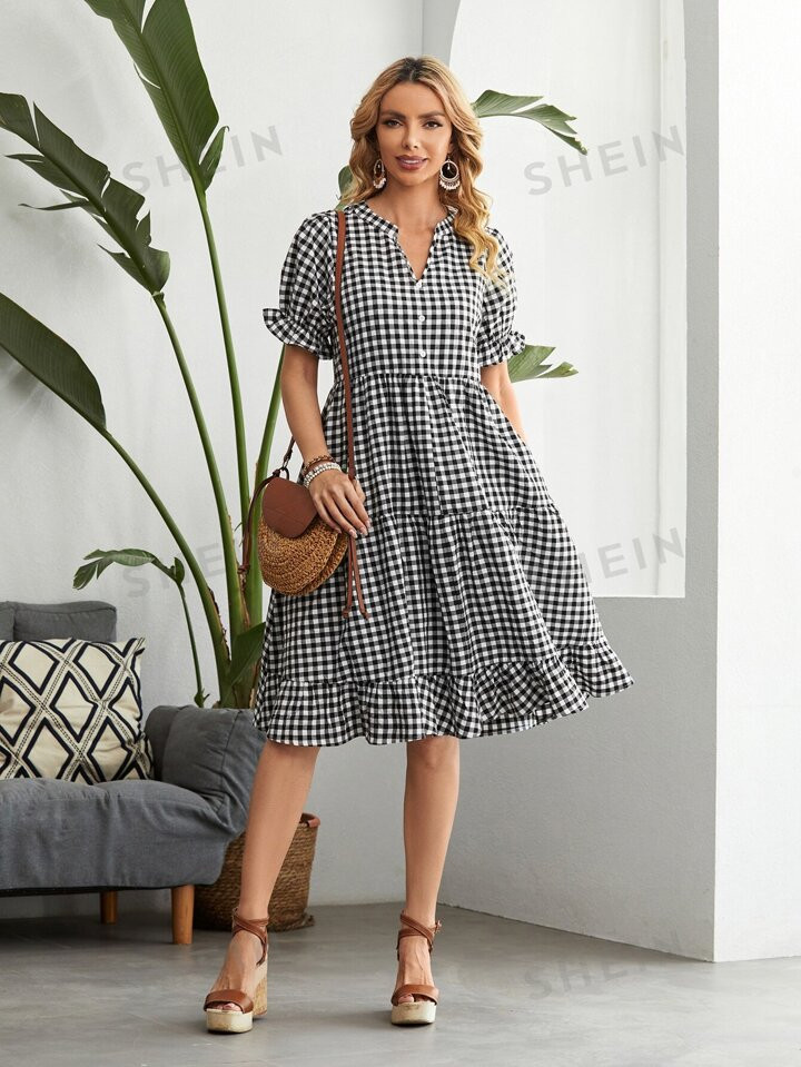 EMERY ROSE Gingham Notch Neck Puff Sleeve Ruffle Hem Dress | SHEIN
