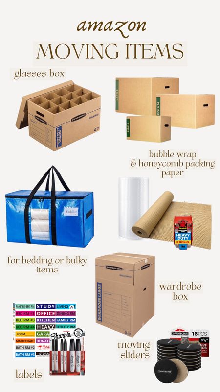Amazon moving items - moving boxes - packing tape - packing labels - bubble wrap - wardrobe boxes 

#LTKTravel #LTKHome