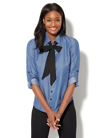 Bow-Accent Ultra-Soft Chambray Shirt - Dark Blue Wash | New York & Company