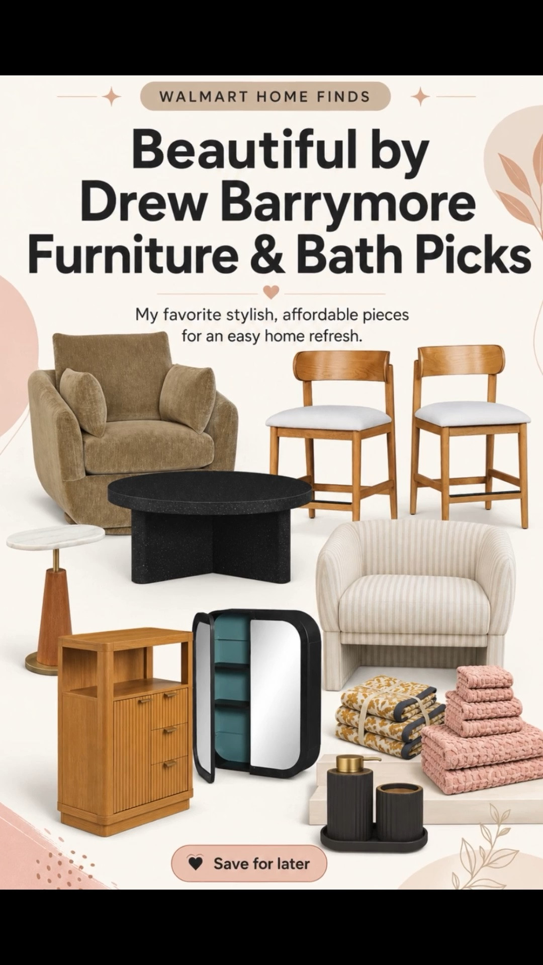 Walmart home finds, Beautiful by Drew, neutral home decor, affordable furniture, living room refresh, mid-century modern, fluted wood cabinet, modern accent chair, bathroom styling, trending home decor

#LTKHome