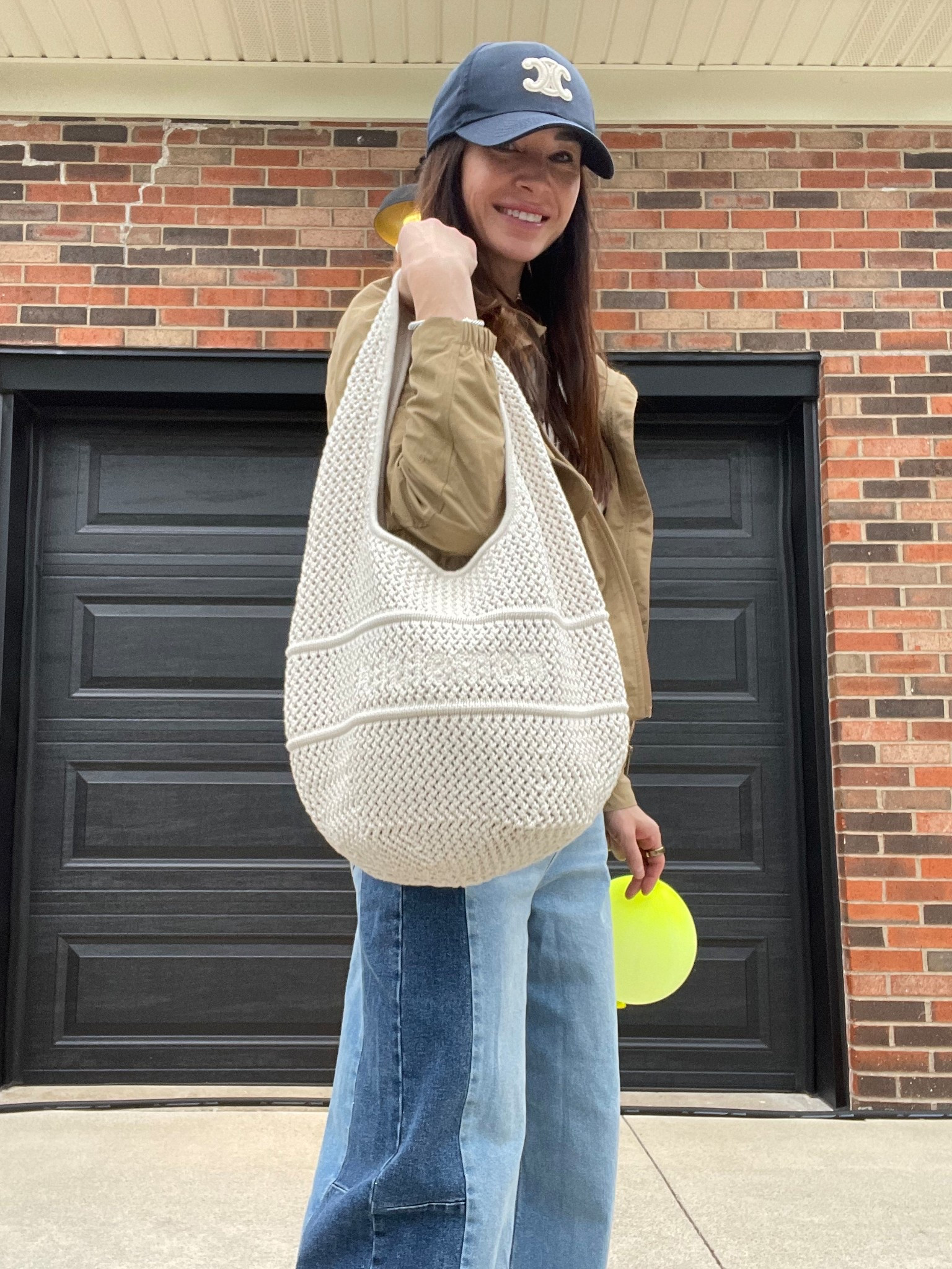 crochet bag and two tone jeans 
