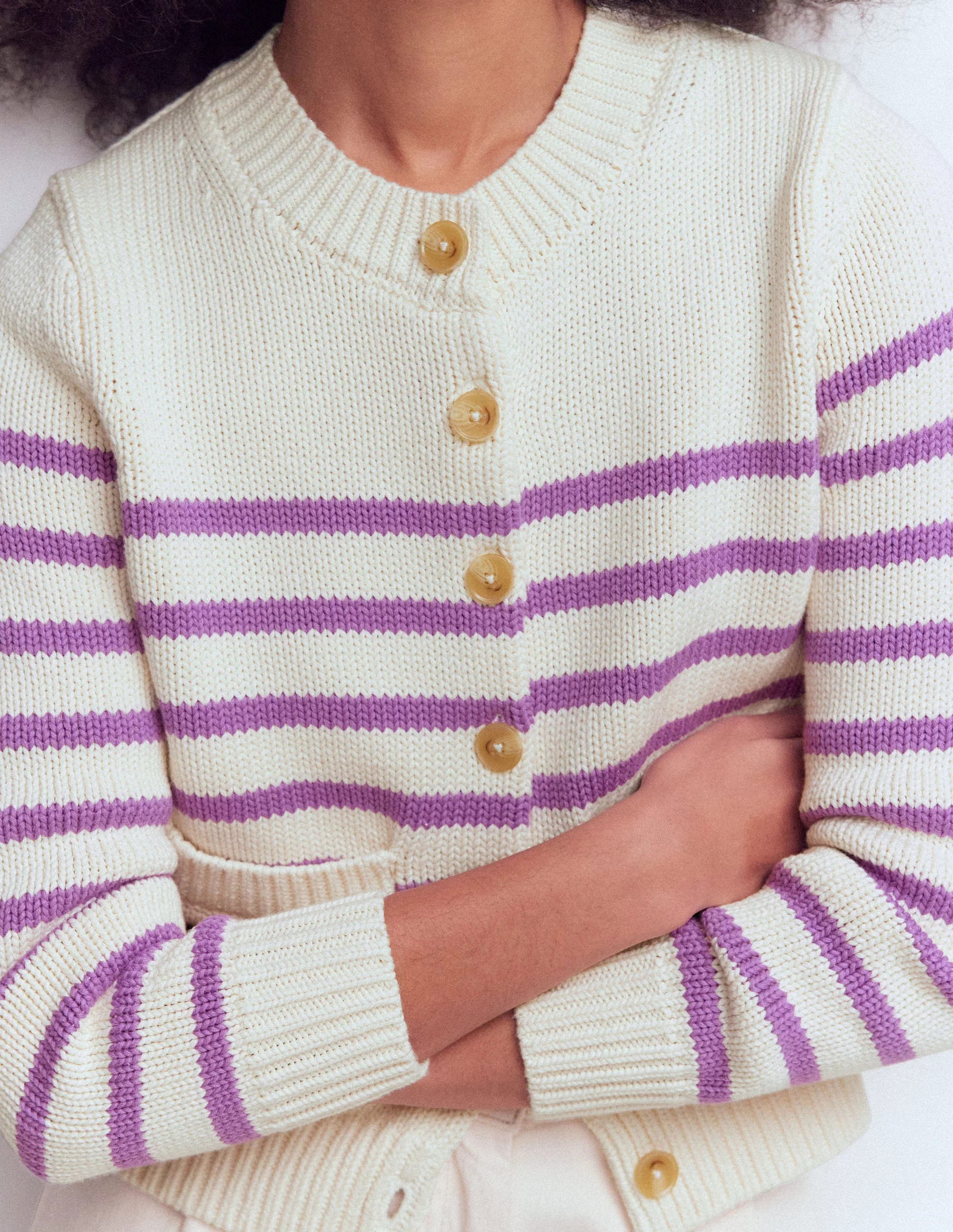 Lucy Chunky Cotton Cardigan-Warm Ivory/ Mulberry Purple | Boden (US)