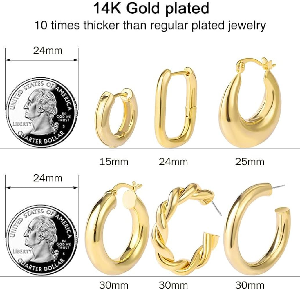 6 Pairs Chunky Gold Hoop Earrings Set for Women 14K Gold Plated Hypoallergenic Thick Open Huggie ... | Amazon (US)