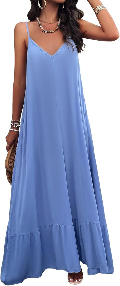 BROVAVE Women's Summer Casual Sundress Sleeveless Spaghetti Strap V Neck Loose Flowy Maxi Dresses... | Amazon (US)