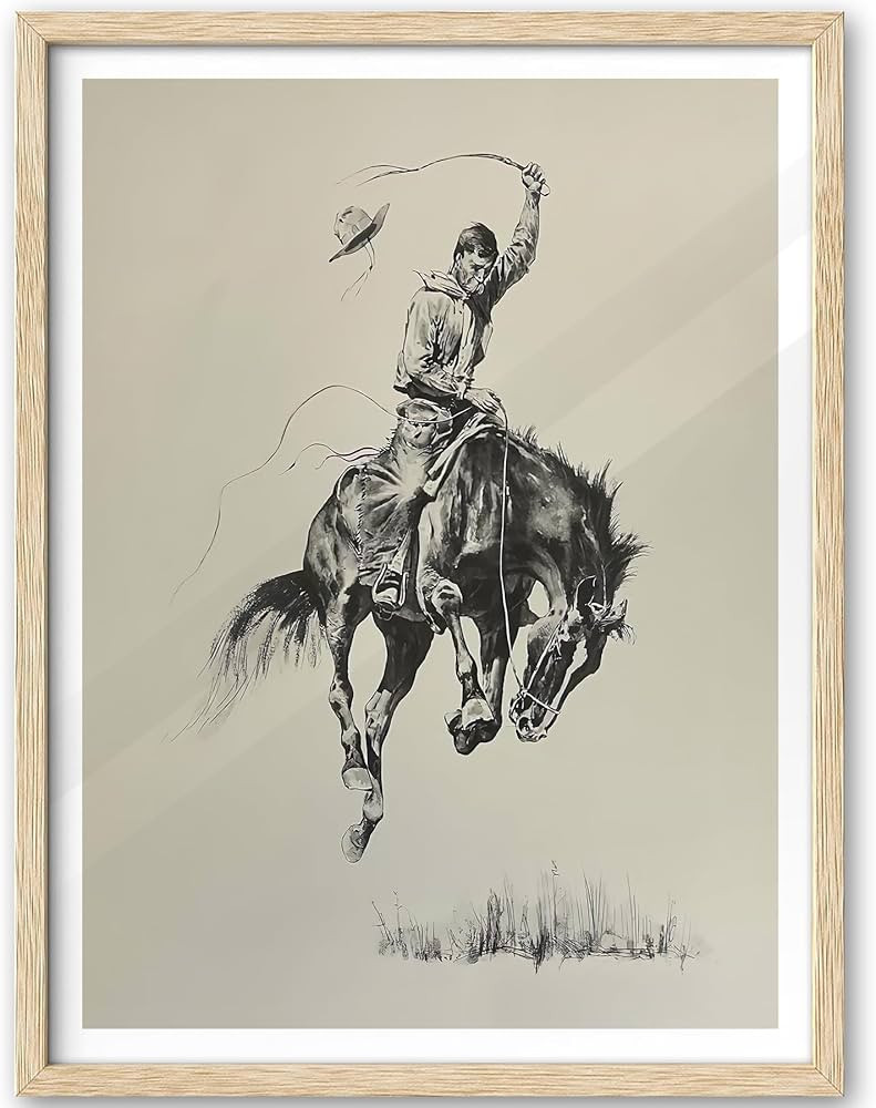 iHery Natural OAK Wood Black White Western Cowboy Framed Wall Art, 12x16 in Vintage Riding Sketch... | Amazon (US)