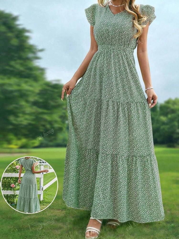 Women's V-Neck Floral Ruffle Trim Vacation Matching Spring/Summer Dress | SHEIN