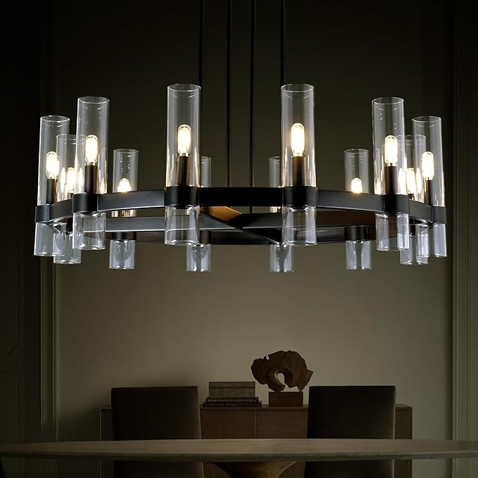 Knurldon 12-Light Black Round Chandelier 36in Chandeliers for Dining Room Light Fixture Clear Gla... | Amazon (US)