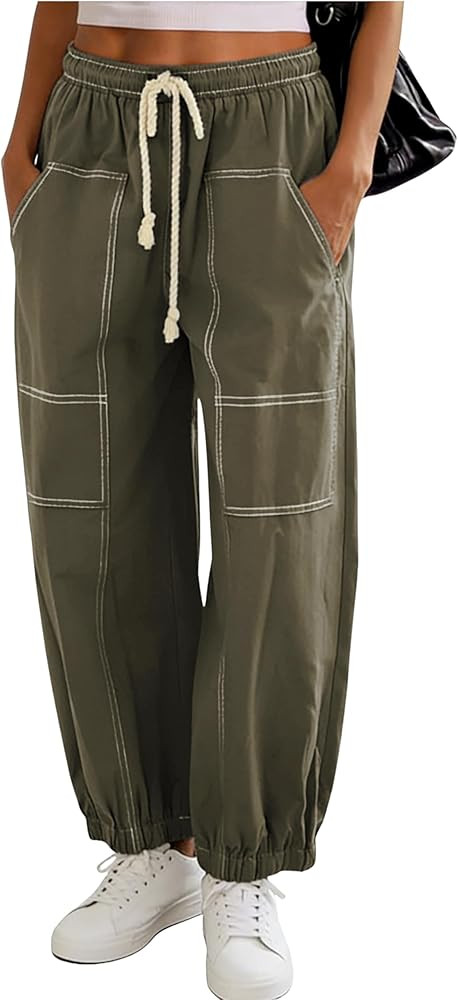 Himosyber Womens Baggy Wide Leg Pants Casual Loose Elastic Drawstring Waist Harem Pants with Pock... | Amazon (US)