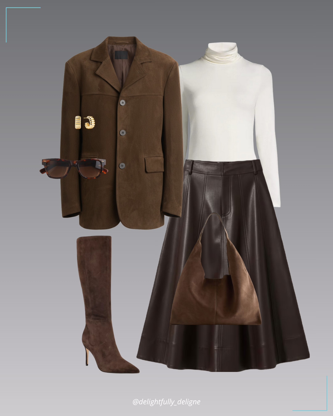 Leather & Suede Mood 🤎 Oversized vegan suede blazer, leather A-line skirt, long-sleeve turtleneck, tall stiletto boots, large suede tote, bold hoops & sunglasses. 

 #LTKOver40 #LTKStyleTip #LTKWorkwear
