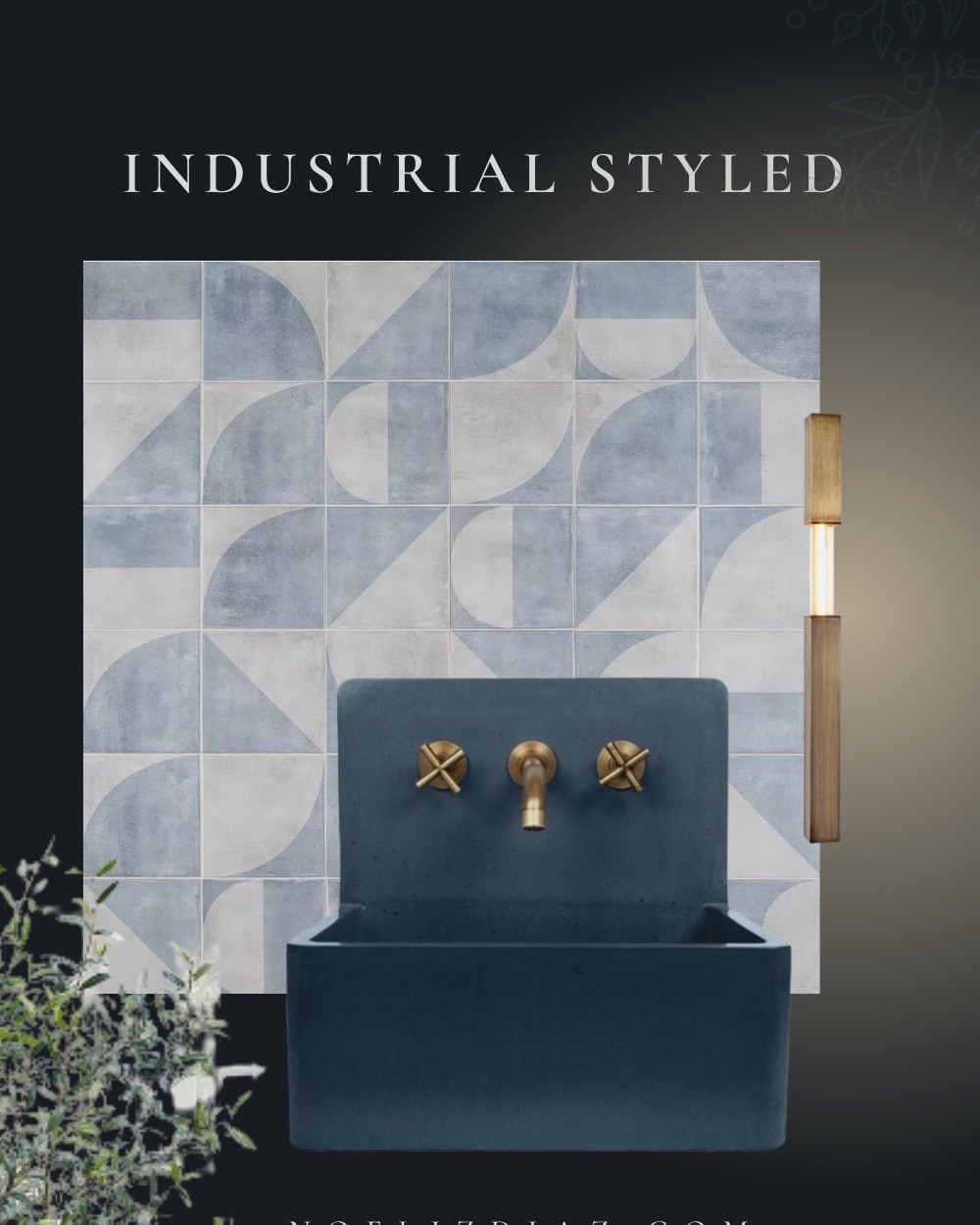 Get the Look: Industrial Modern Bathroom ✨Obsessed with this mix of raw textures and bold color! Copy this boutique look with a blue geometric tile feature wall, a floating walnut vanity, and a deep blue concrete basin sink. Brushed brass fixtures, an arched mirror, and a fluted glass screen add a warm glow against the industrial concrete-look walls. Finish it off with a sleek black towel ladder for the perfect designer edge.Shop the tile, fixtures, and decor via the link in my bio or follow me on the LTK app! 👇#BathroomDesign #ModernBathroom #IndustrialStyle #InteriorDesignInspo #TileLove #VanityGoals

#LTKHome #LTKselfcare #LTKmorningroutine #LTKHome