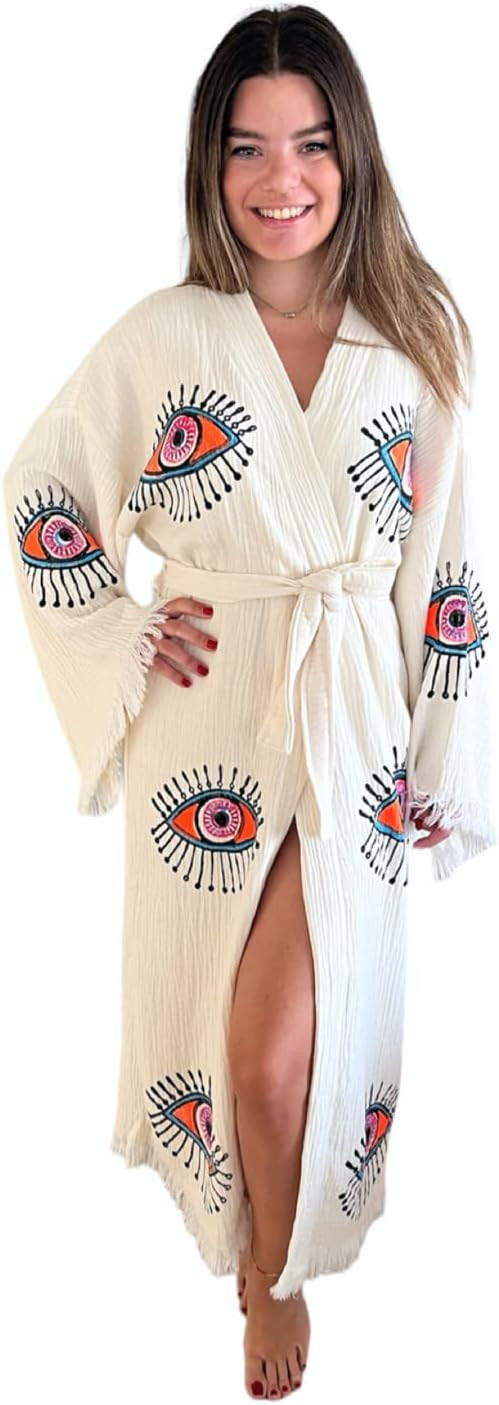 Handmade Evil Eye Kimono - Women Beach Cover Up - Festival Bohemian Robe - Boho Cotton Cardigan -... | Amazon (US)
