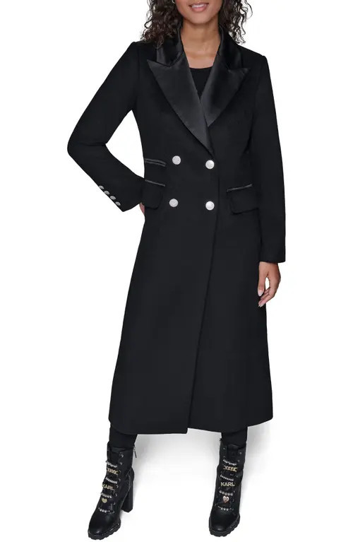 KARL LAGERFELD PARIS Tuxedo Wool Blend Longline Coat in Black at Nordstrom, Size X-Small | Nordstrom