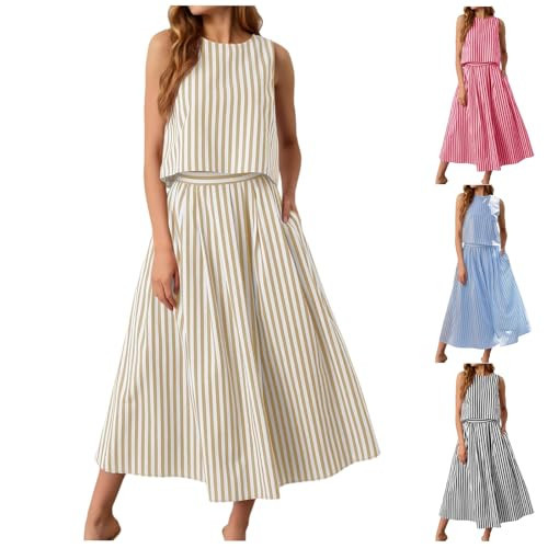 Womens 2 Piece Skirt Sets Summer Flowy A Line Sundress Striped Sleeveless Tank Top Midi Dress Travel Vacation Outfits | Amazon (US)