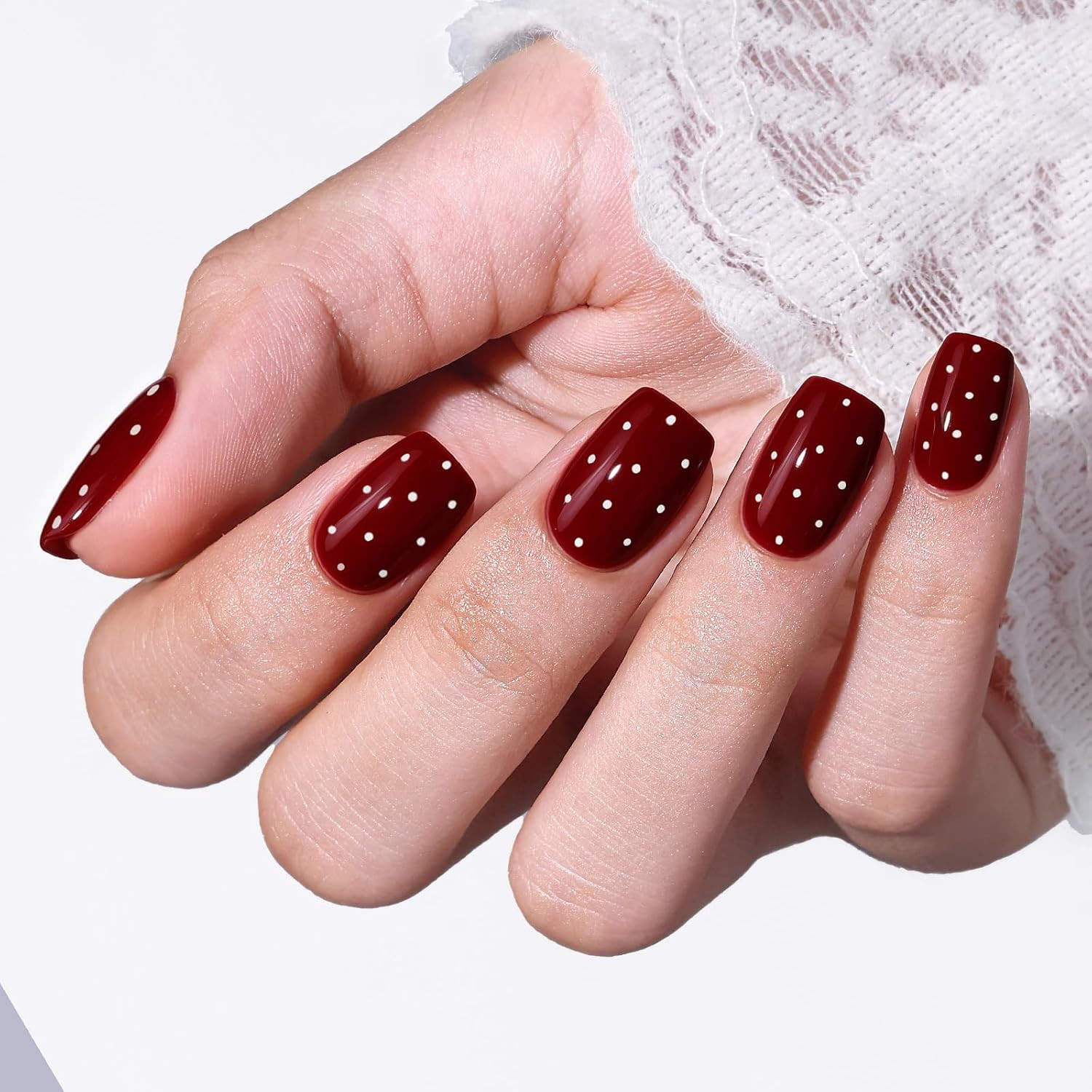 Modelones Dark Red White Polka Dot Press on Nails Short Square Fake Nails | Amazon (US)