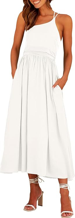 LOGENE Women's Summer One Shoulder Straps Sundress Sleeveless Pleated High Waist A-Line Swing Bea... | Amazon (US)